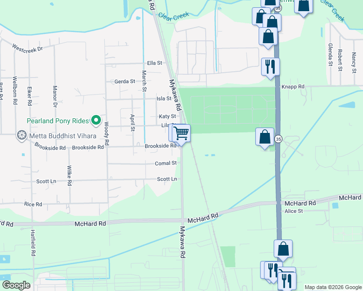 map of restaurants, bars, coffee shops, grocery stores, and more near 13002 Mykawa Road in Pearland