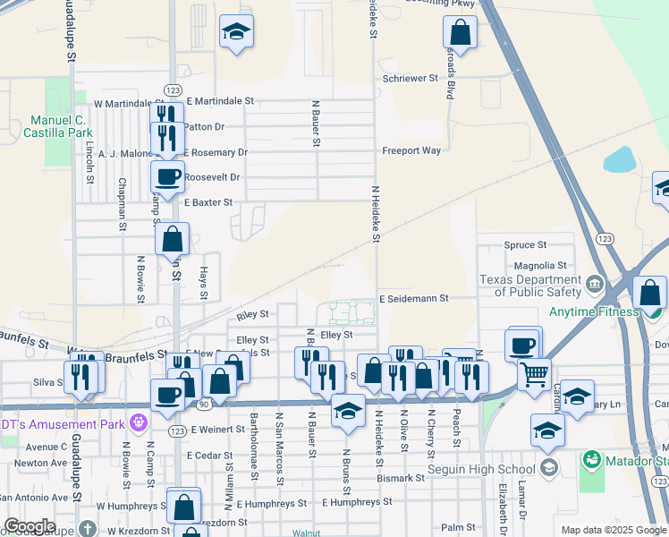 map of restaurants, bars, coffee shops, grocery stores, and more near 1650 North Heideke Street in Seguin