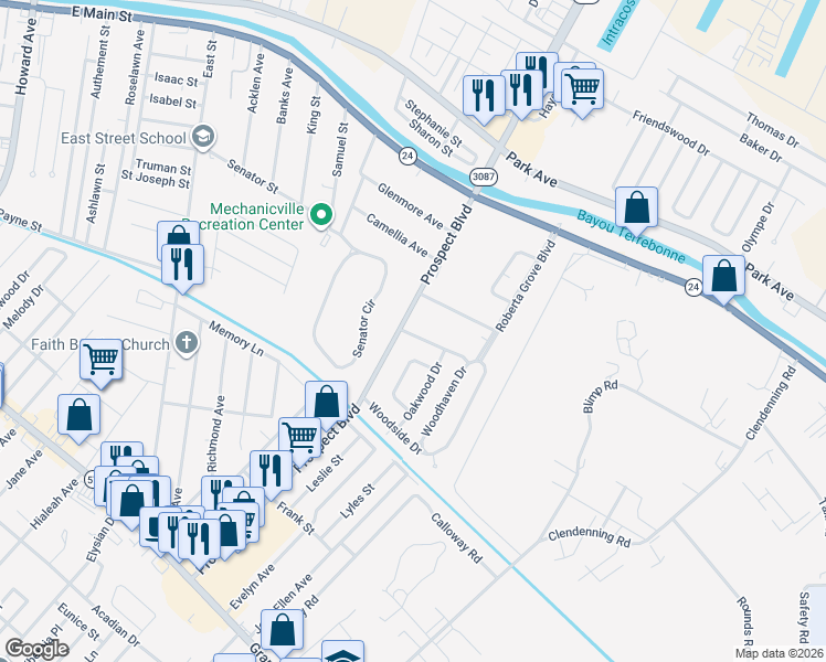 map of restaurants, bars, coffee shops, grocery stores, and more near 3305 Woodcrest Avenue in Houma