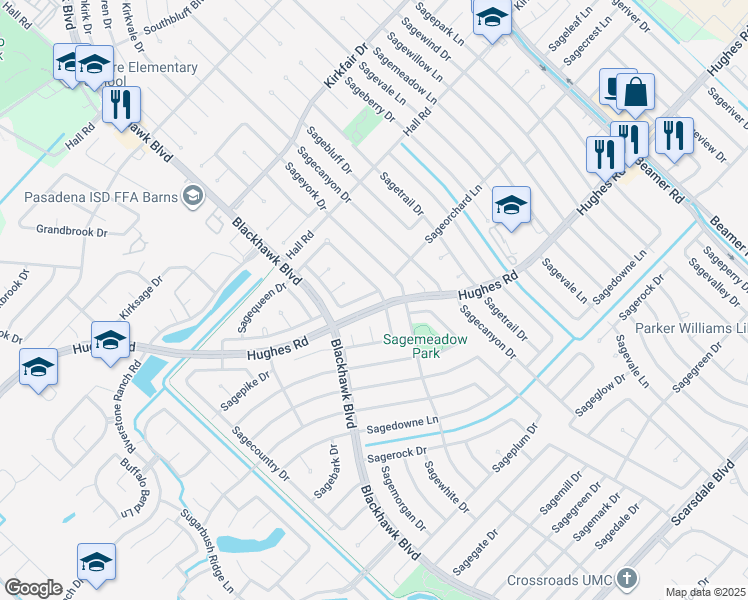 map of restaurants, bars, coffee shops, grocery stores, and more near 11103 Sage Linda Lane in Houston