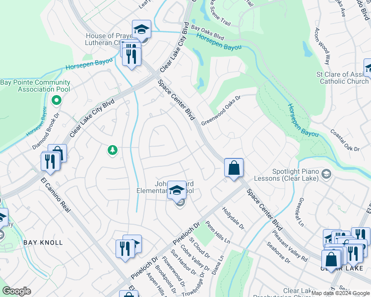 map of restaurants, bars, coffee shops, grocery stores, and more near 1514 Chestnut Springs Lane in Houston