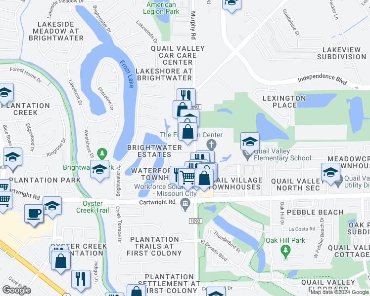 map of restaurants, bars, coffee shops, grocery stores, and more near 3803 Brightwater Center Drive in Missouri City