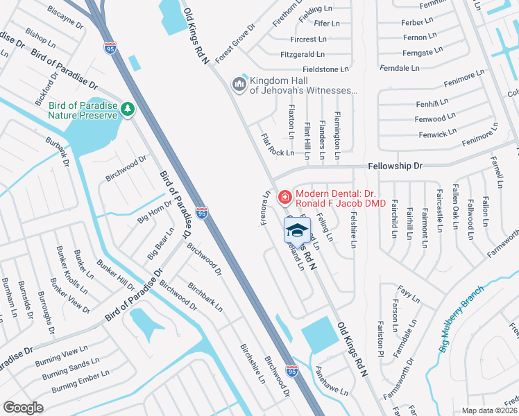 map of restaurants, bars, coffee shops, grocery stores, and more near 18 Frenora Lane in Palm Coast