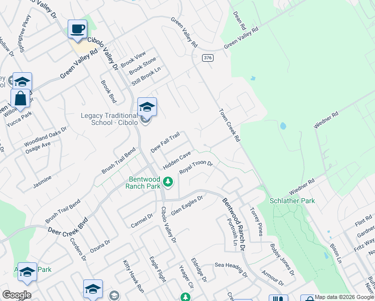 map of restaurants, bars, coffee shops, grocery stores, and more near 165 Hidden Cave in Cibolo