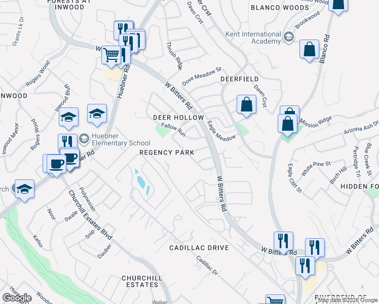 map of restaurants, bars, coffee shops, grocery stores, and more near 15302 Antler Creek Drive in San Antonio