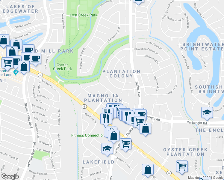 map of restaurants, bars, coffee shops, grocery stores, and more near 4327 Magnolia Lane in Sugar Land