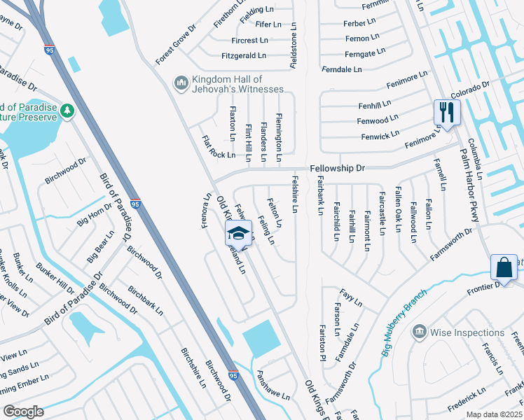 map of restaurants, bars, coffee shops, grocery stores, and more near 17 Feling Lane in Palm Coast