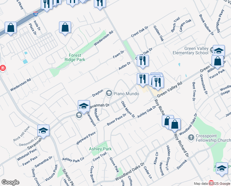 map of restaurants, bars, coffee shops, grocery stores, and more near 3801 Olde Moss Street in Schertz