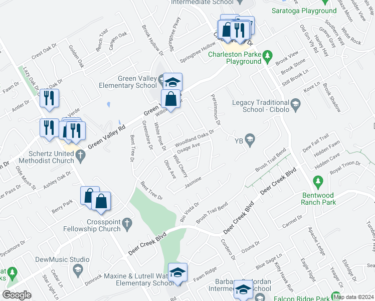 map of restaurants, bars, coffee shops, grocery stores, and more near 1641 Osage Avenue in Schertz