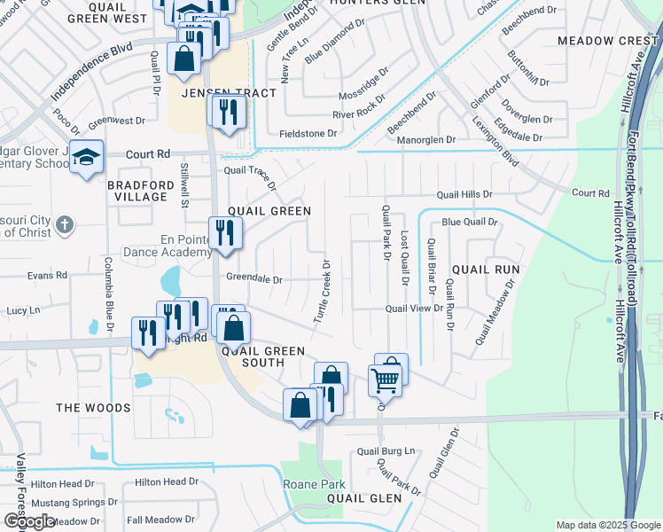 map of restaurants, bars, coffee shops, grocery stores, and more near 16602 Lonesome Quail Drive in Missouri City