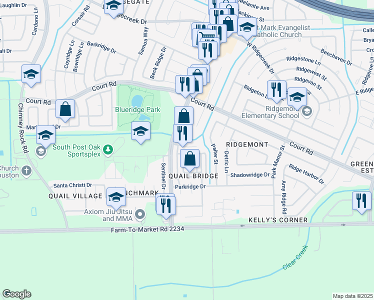 map of restaurants, bars, coffee shops, grocery stores, and more near 5423 Ridgemont Place in Houston