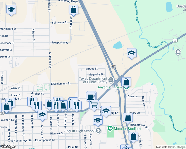 map of restaurants, bars, coffee shops, grocery stores, and more near 104 Paseo Del Rio in Seguin