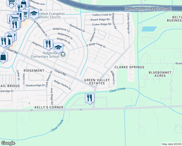 map of restaurants, bars, coffee shops, grocery stores, and more near 4615 Kings Ridge Road in Houston