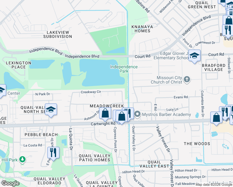 map of restaurants, bars, coffee shops, grocery stores, and more near 2219 Saint James Court in Missouri City