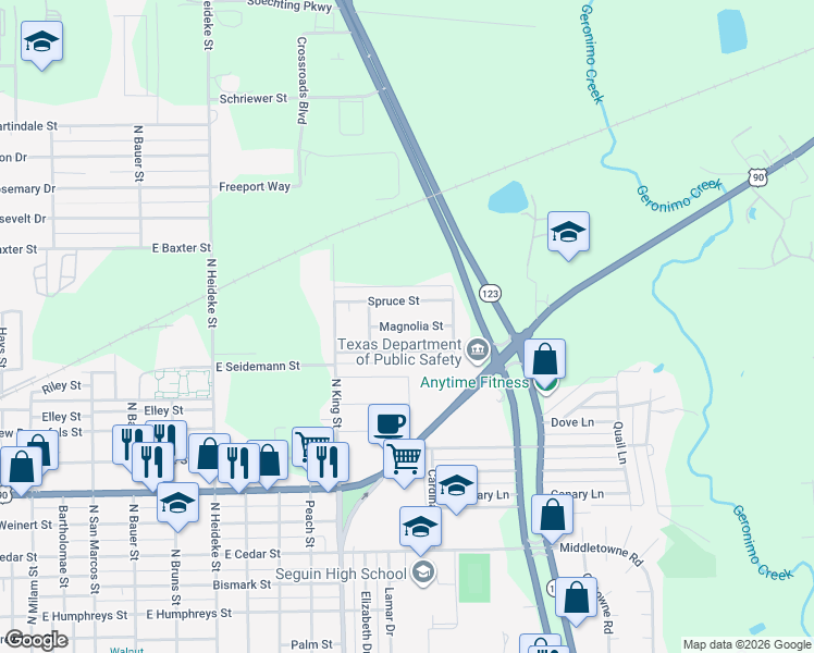 map of restaurants, bars, coffee shops, grocery stores, and more near 1160 Sycamore Street in Seguin