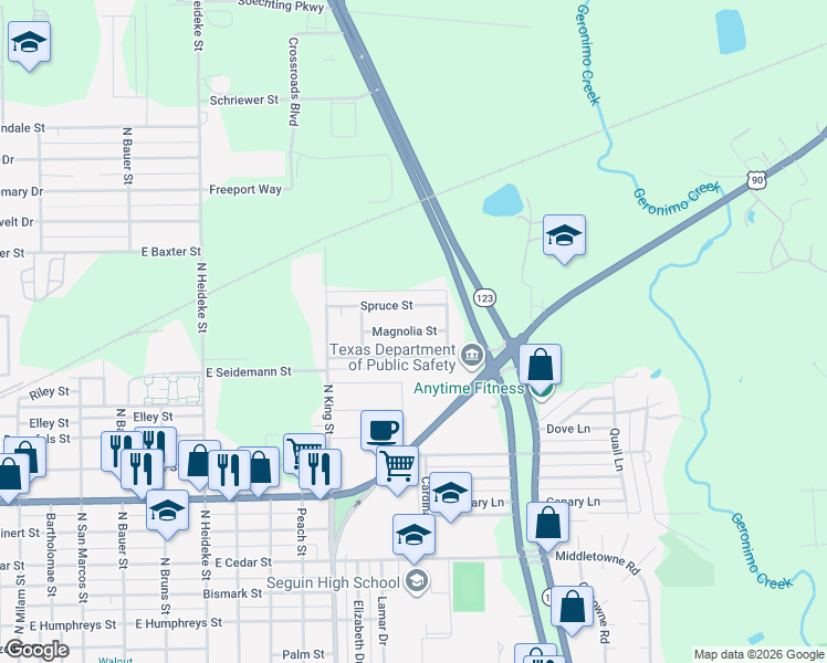 map of restaurants, bars, coffee shops, grocery stores, and more near 1160 Sycamore Street in Seguin