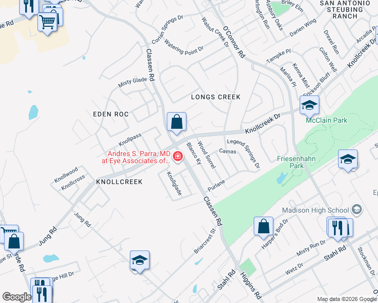 map of restaurants, bars, coffee shops, grocery stores, and more near 16526 Alwick Lane in San Antonio