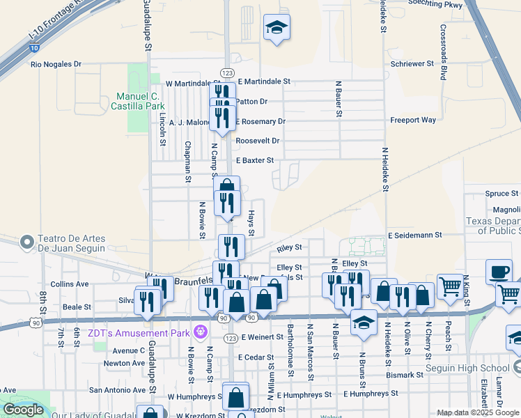 map of restaurants, bars, coffee shops, grocery stores, and more near 1629 Hays Street in Seguin