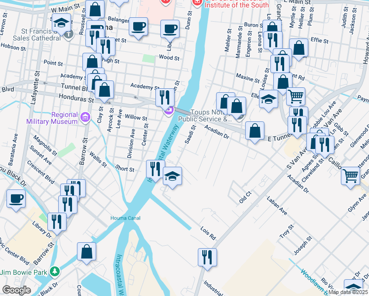 map of restaurants, bars, coffee shops, grocery stores, and more near 874 Saadi St in Houma