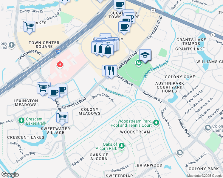 map of restaurants, bars, coffee shops, grocery stores, and more near 16702 Rustic Colony Drive in Sugar Land