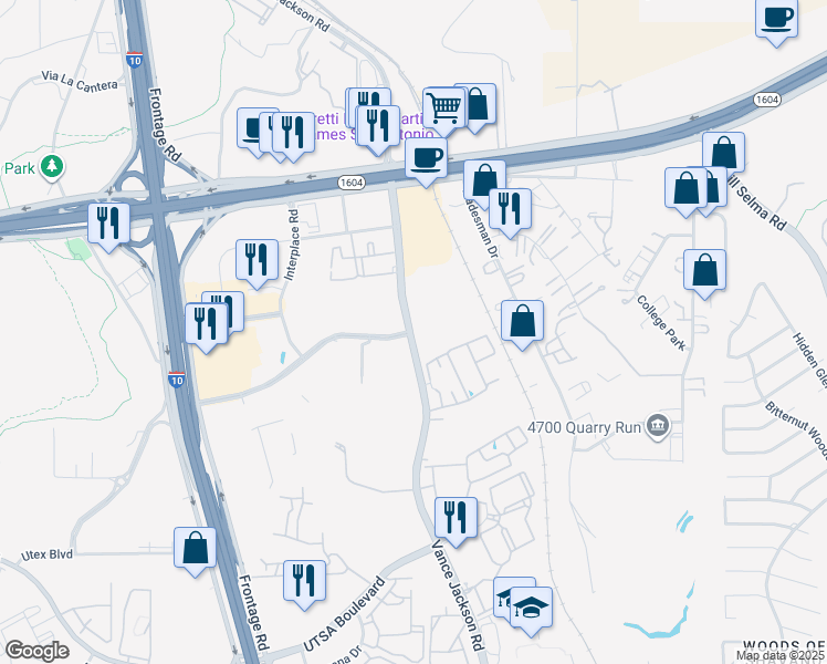 map of restaurants, bars, coffee shops, grocery stores, and more near Vance Jackson Road in San Antonio