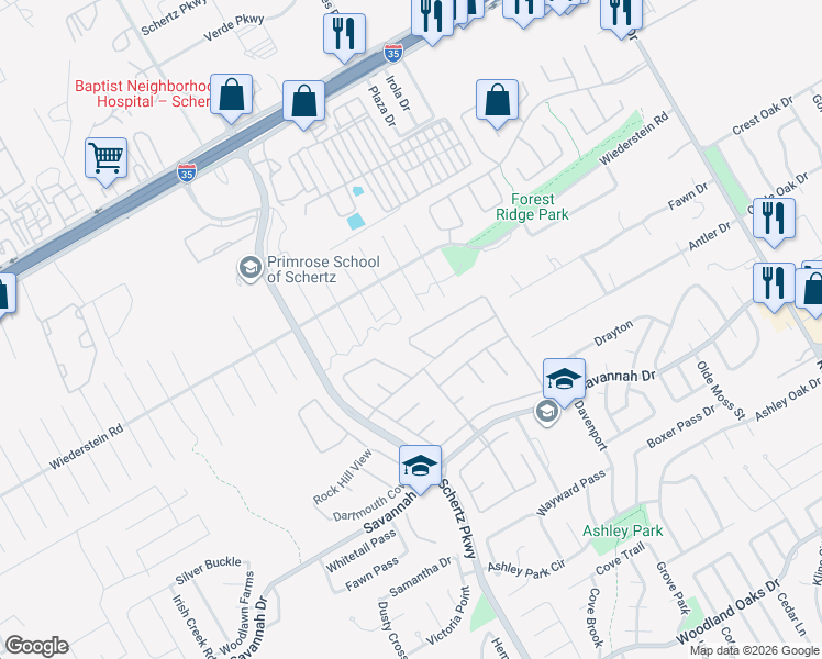 map of restaurants, bars, coffee shops, grocery stores, and more near 3665 Diamond Falls in Schertz