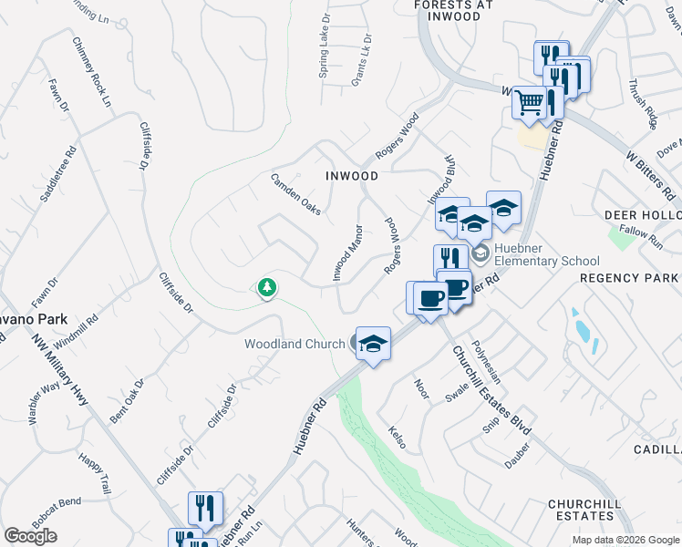 map of restaurants, bars, coffee shops, grocery stores, and more near 2 Ancient Bend in San Antonio