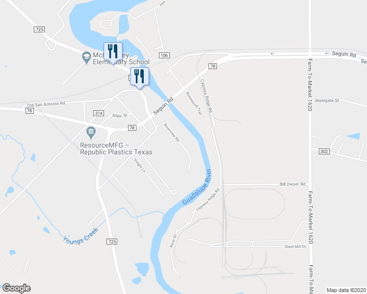 map of restaurants, bars, coffee shops, grocery stores, and more near 460 Riverview Road in McQueeney