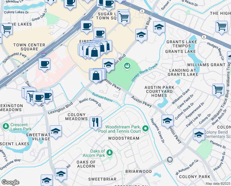 map of restaurants, bars, coffee shops, grocery stores, and more near 1800 Austin Parkway in Sugar Land