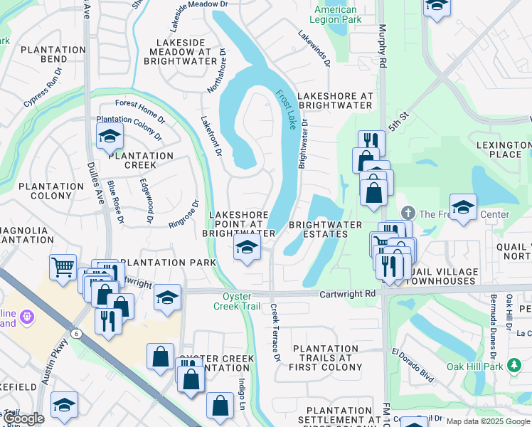 map of restaurants, bars, coffee shops, grocery stores, and more near 2127 Tradewinds Drive in Missouri City