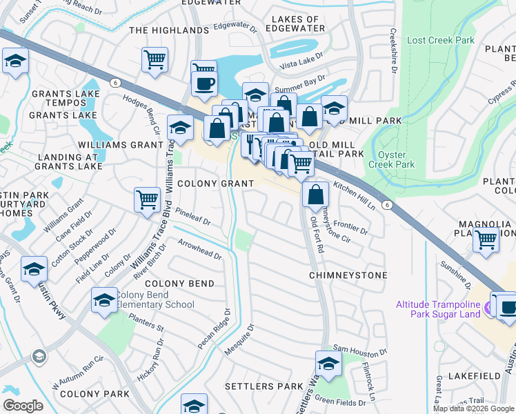 map of restaurants, bars, coffee shops, grocery stores, and more near 3026 Frontier Drive in Sugar Land