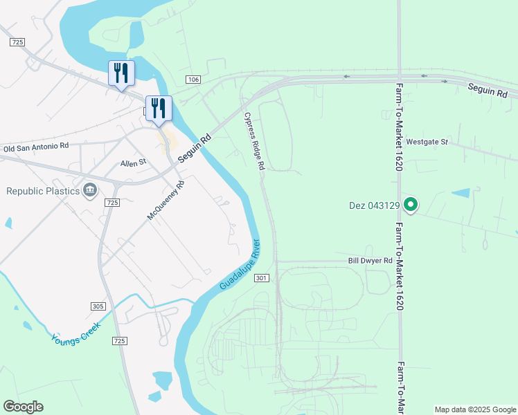 map of restaurants, bars, coffee shops, grocery stores, and more near 554 Cypress Ridge Road in McQueeney