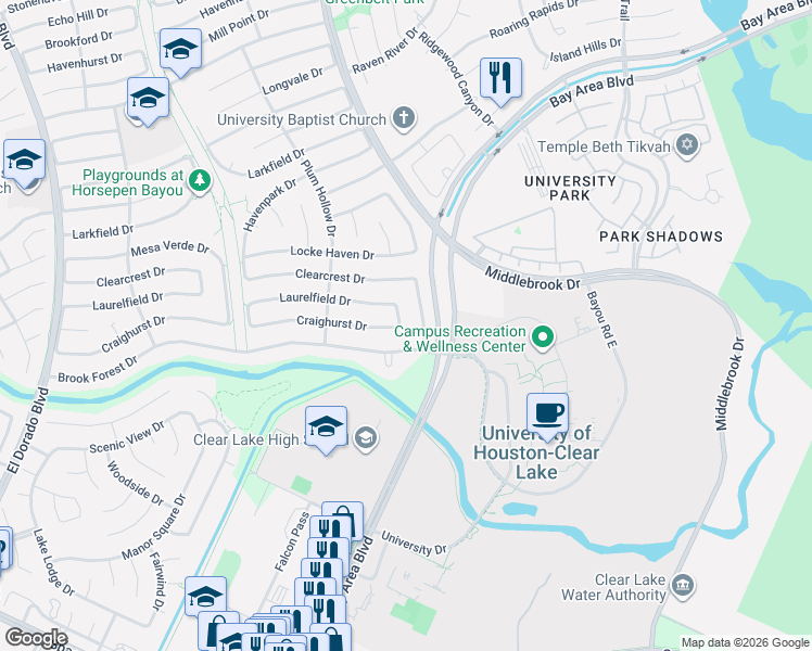 map of restaurants, bars, coffee shops, grocery stores, and more near 16515 Brook Forest Drive in Houston