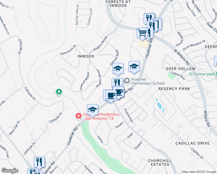 map of restaurants, bars, coffee shops, grocery stores, and more near 121 Osiana Drive in San Antonio