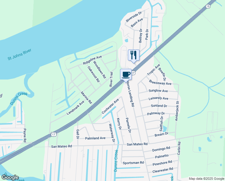 map of restaurants, bars, coffee shops, grocery stores, and more near U.S. 17 in San Mateo