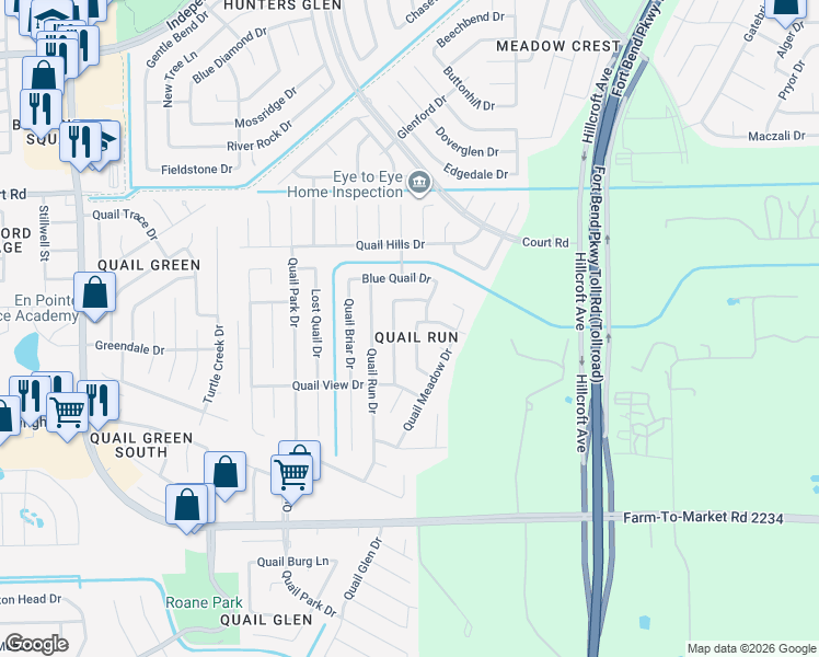 map of restaurants, bars, coffee shops, grocery stores, and more near 16603 Quail Prairie Drive in Missouri City