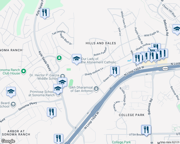 map of restaurants, bars, coffee shops, grocery stores, and more near 8002 Shady Hollow Lane in San Antonio