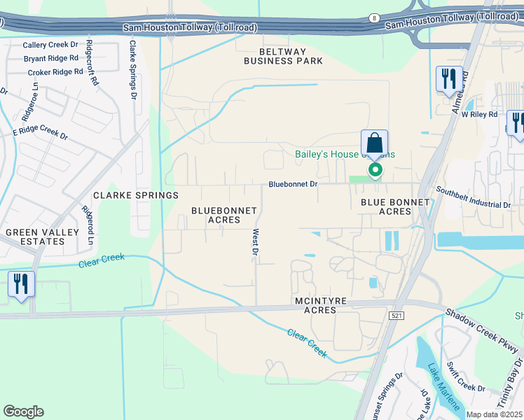 map of restaurants, bars, coffee shops, grocery stores, and more near West Dr in Fort Bend