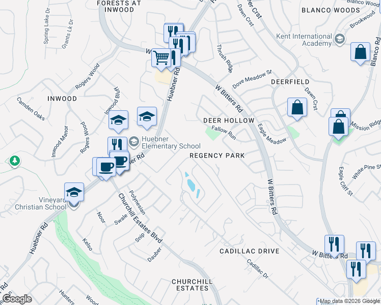map of restaurants, bars, coffee shops, grocery stores, and more near 54 Three Lakes Drive in San Antonio