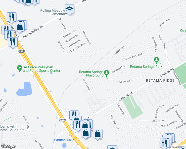 map of restaurants, bars, coffee shops, grocery stores, and more near 16122 Caballo Run in Selma