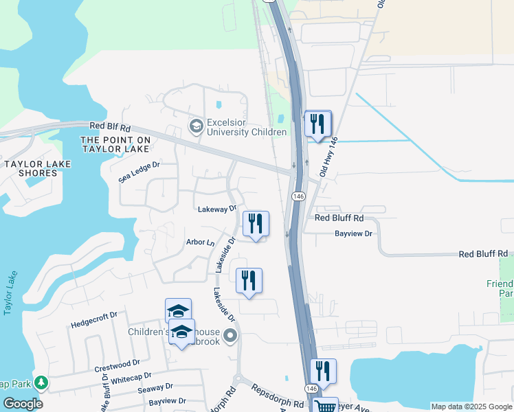 map of restaurants, bars, coffee shops, grocery stores, and more near 2330 Palm Circle in Seabrook