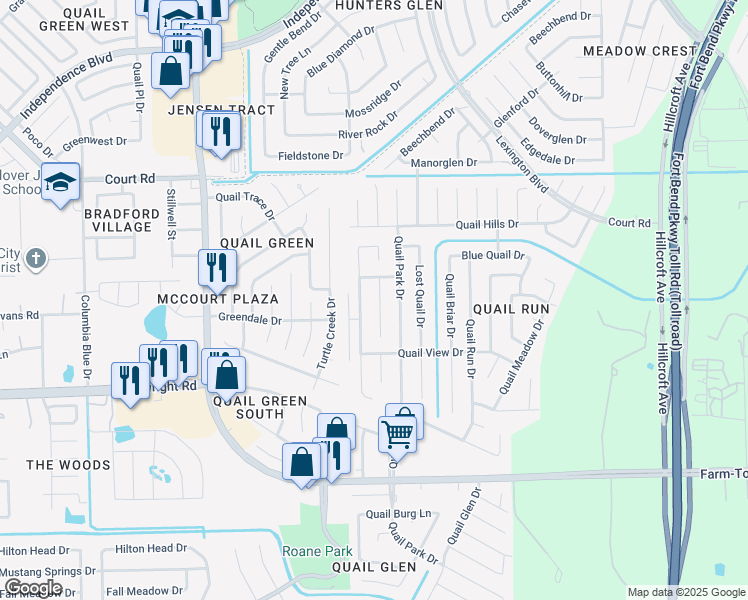 map of restaurants, bars, coffee shops, grocery stores, and more near 16503 Quail Dale Drive in Missouri City