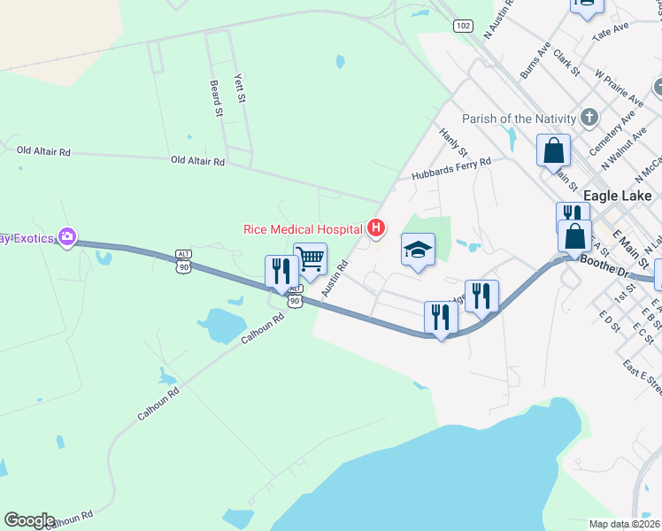 map of restaurants, bars, coffee shops, grocery stores, and more near 701 Austin Road in Eagle Lake