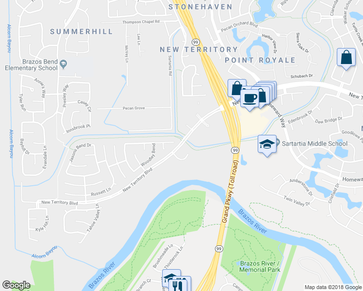 map of restaurants, bars, coffee shops, grocery stores, and more near 5655 New Territory Boulevard in Sugar Land