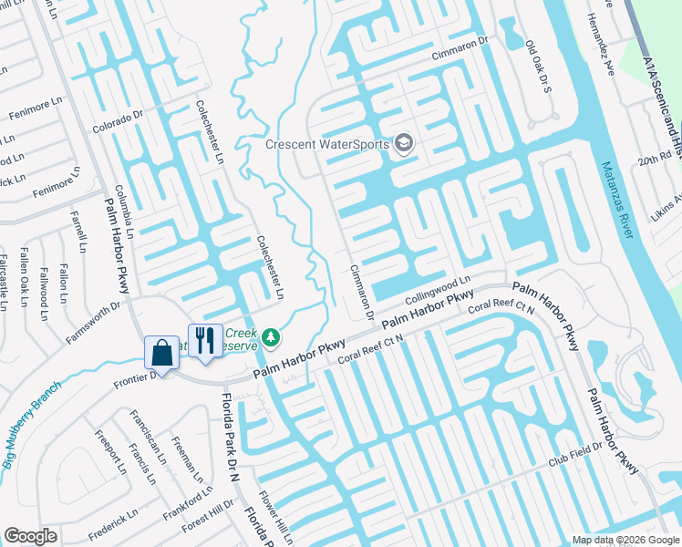 map of restaurants, bars, coffee shops, grocery stores, and more near Center Place in Palm Coast