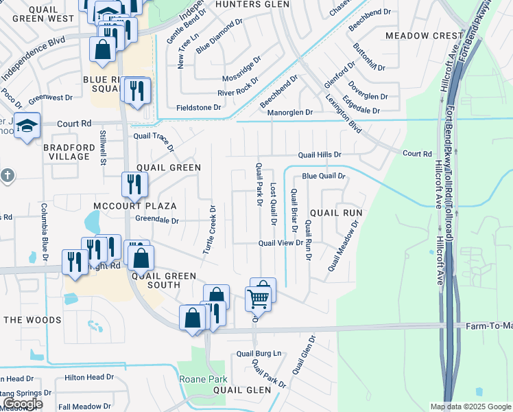 map of restaurants, bars, coffee shops, grocery stores, and more near 16518 Quail Park Drive in Missouri City
