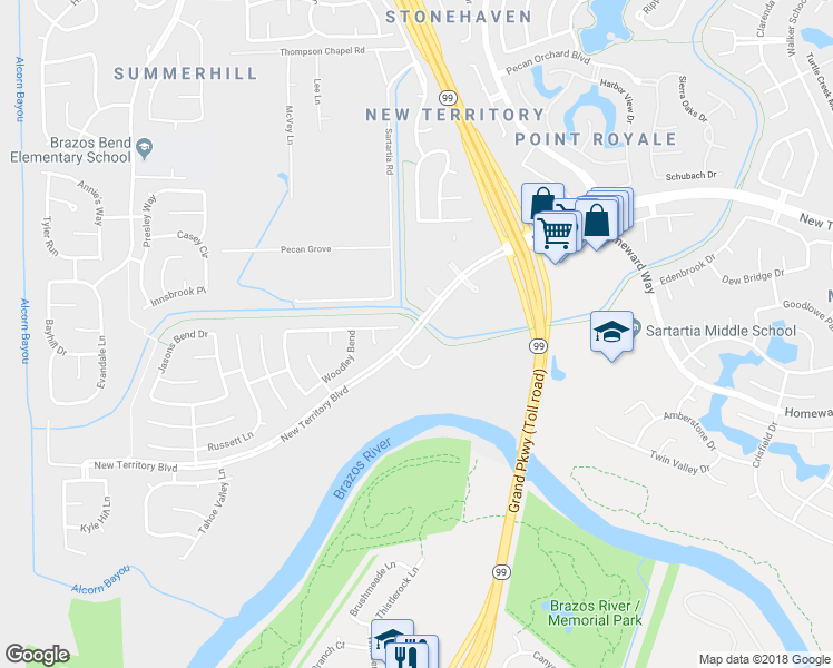 map of restaurants, bars, coffee shops, grocery stores, and more near 5692 New Territory Boulevard in Sugar Land