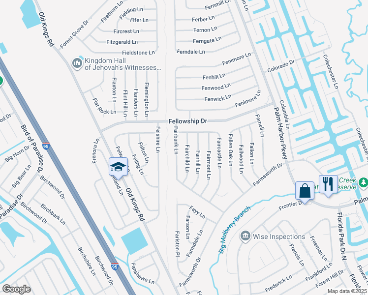 map of restaurants, bars, coffee shops, grocery stores, and more near 3 Fairchild Lane in Palm Coast
