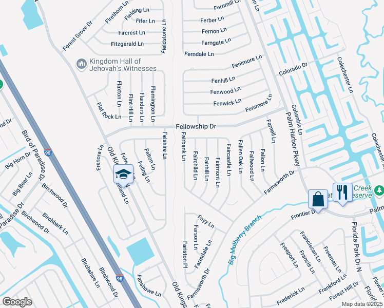 map of restaurants, bars, coffee shops, grocery stores, and more near 3 Fairchild Lane in Palm Coast