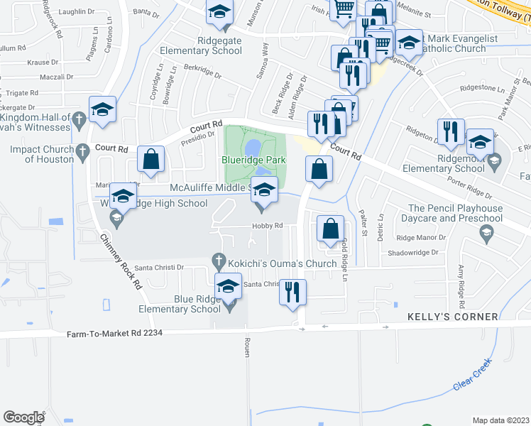 map of restaurants, bars, coffee shops, grocery stores, and more near 16650 South Post Oak Road in Houston